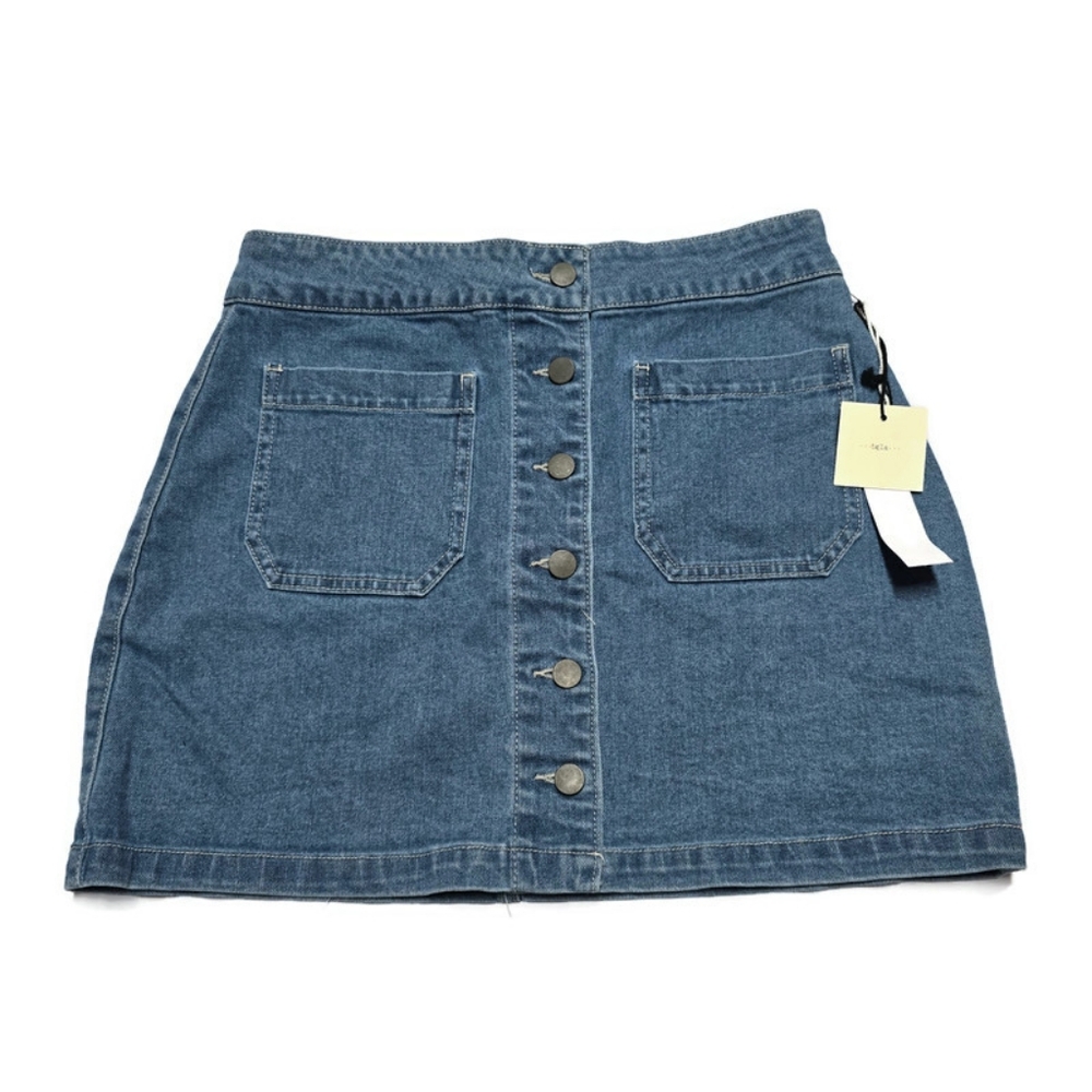 Tgla Francesca Womens Blue Jean Mini A-line Skirt Front Pockets Button Fly Sz. M